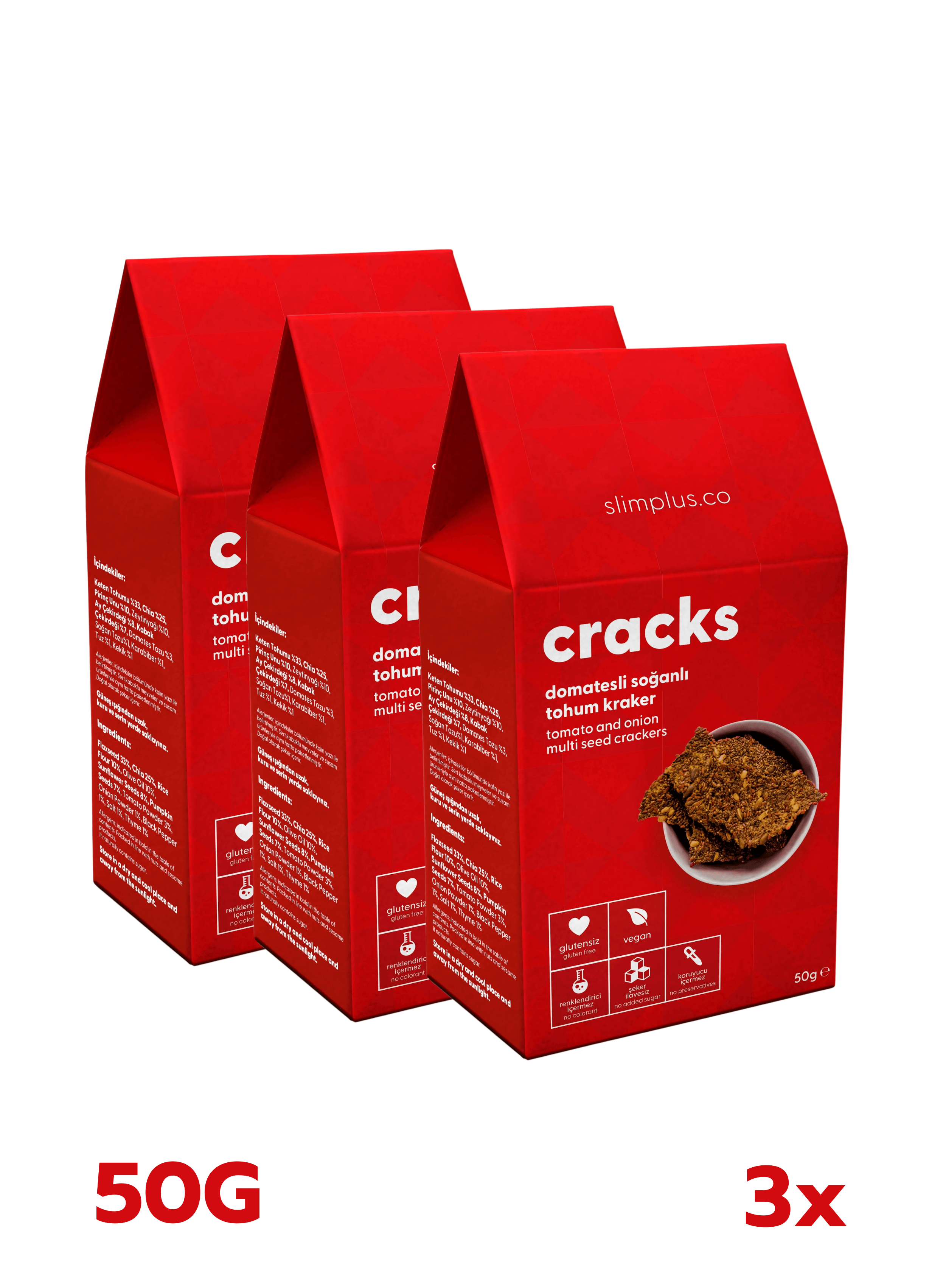 3 Paket Domates Soğanlı Glutensiz Vegan Tohum Kraker Cracks 50gr