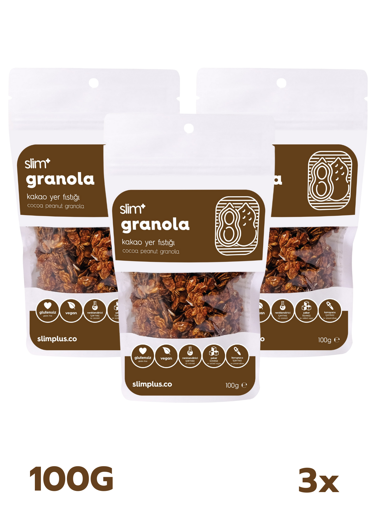 3 Paket Kakao Yer Fıstığı Glutensiz İlave Şekersiz Vegan Granola 100gr