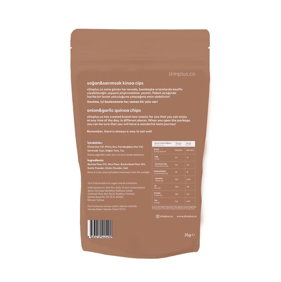 3 Paket 35G Glutensiz Vegan Yağsız Soğan Sarımsak Kinoa Cipsi