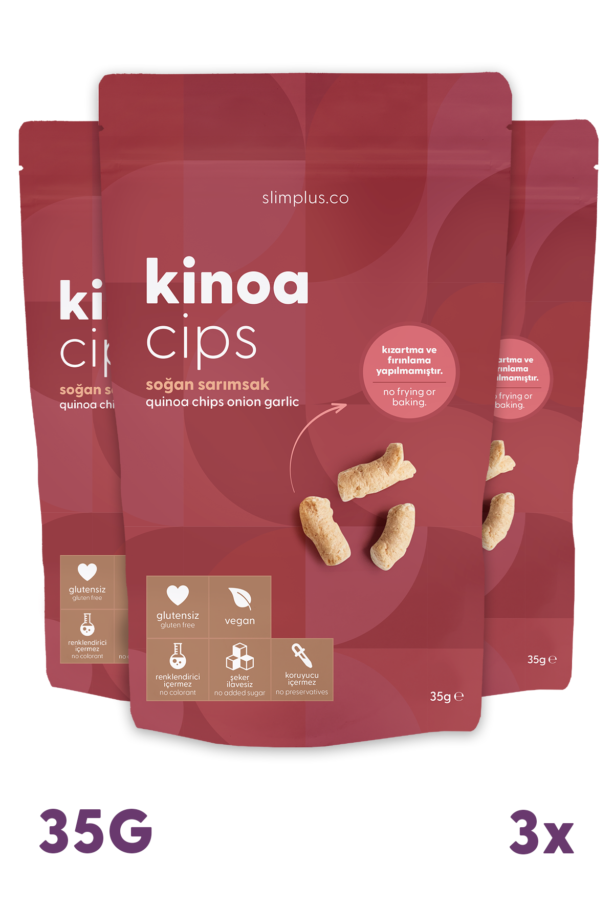 3 Paket 35G Glutensiz Vegan Yağsız Soğan Sarımsak Kinoa Cipsi