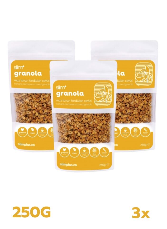 3 Paket Muz Tarçın Hindistan Cevizi Glutensiz İlave Şekersiz Vegan Granola 250Gr