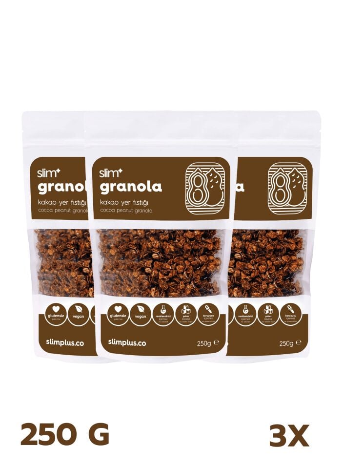 3 Paket Kakao Yer Fıstığı Glutensiz İlave Şekersiz Vegan Granola 250gr