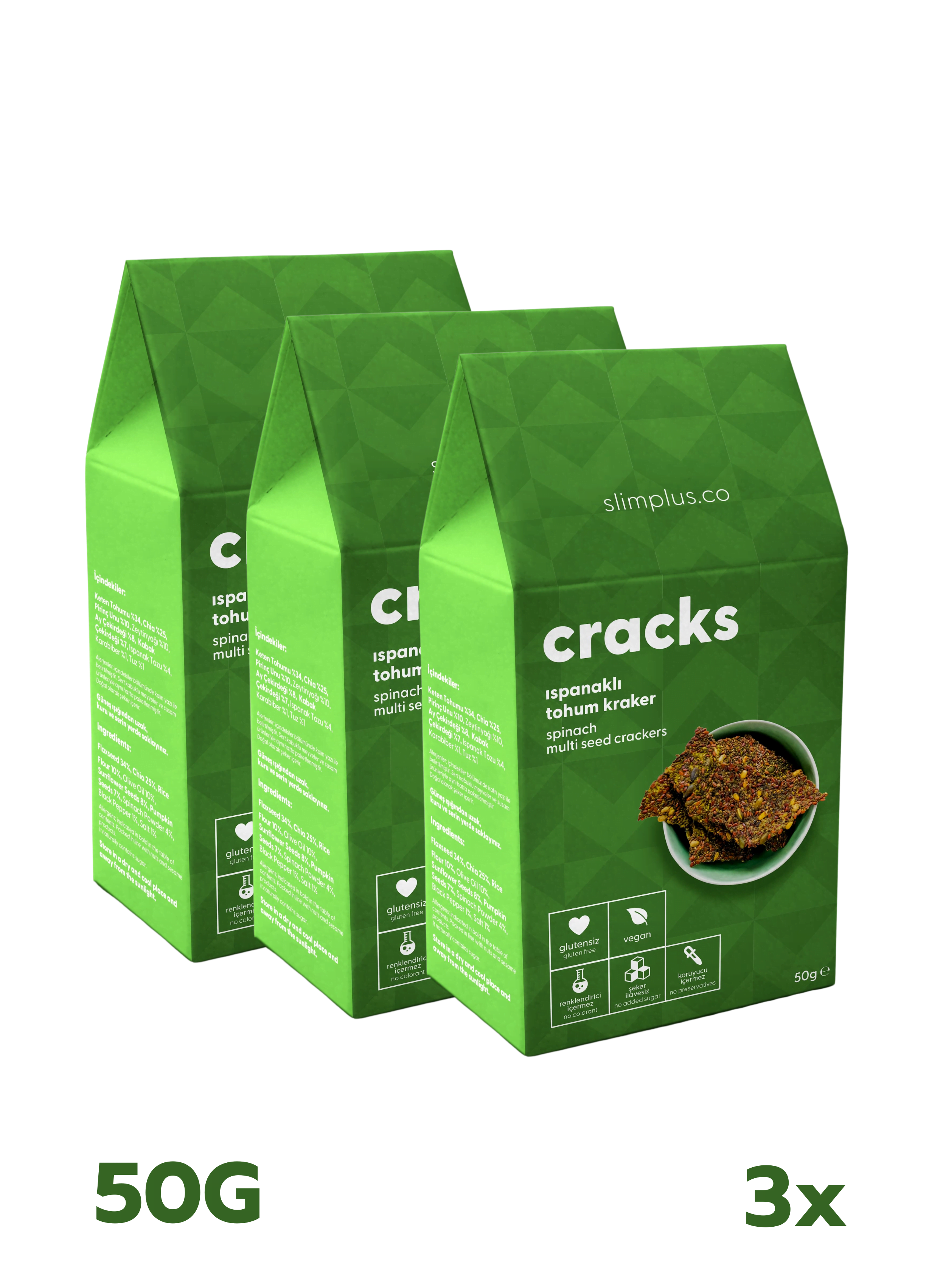 3 Paket Ispanaklı Glutensiz Vegan Tohum Kraker Cracks 50gr