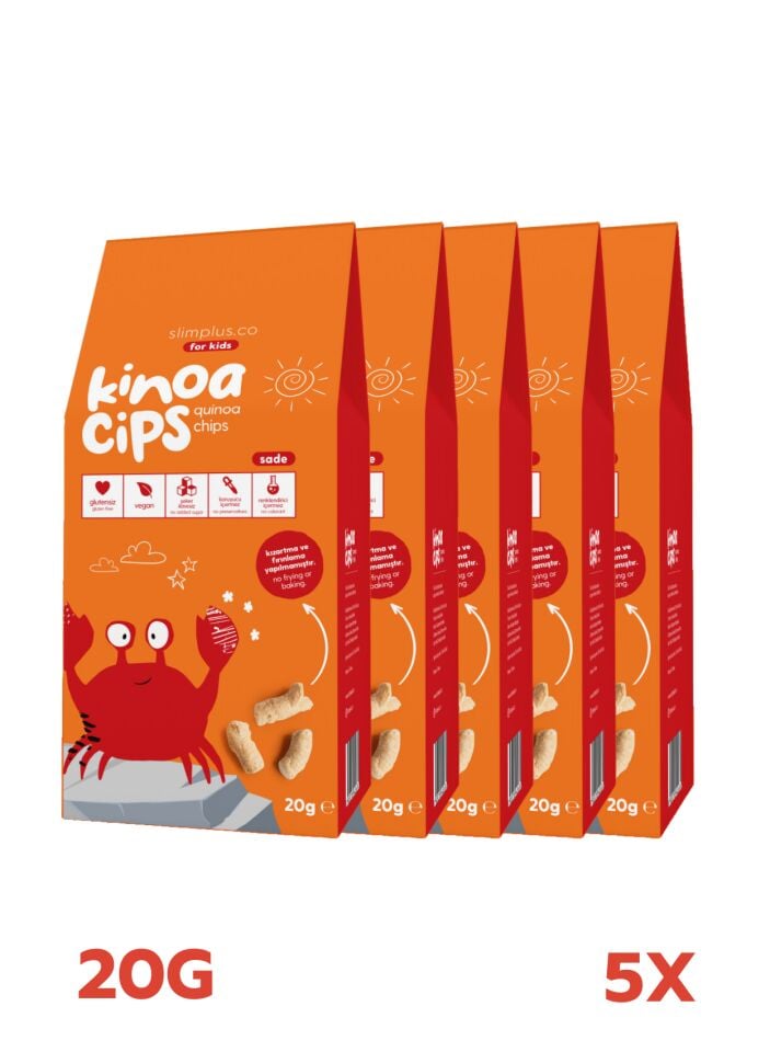 5 Paket 20G Sade Kinoa Cipsi for Kids Glutensiz Vegan Yağsız Cips Çocuklara Özel Ambalaj Neşeli Yengeç