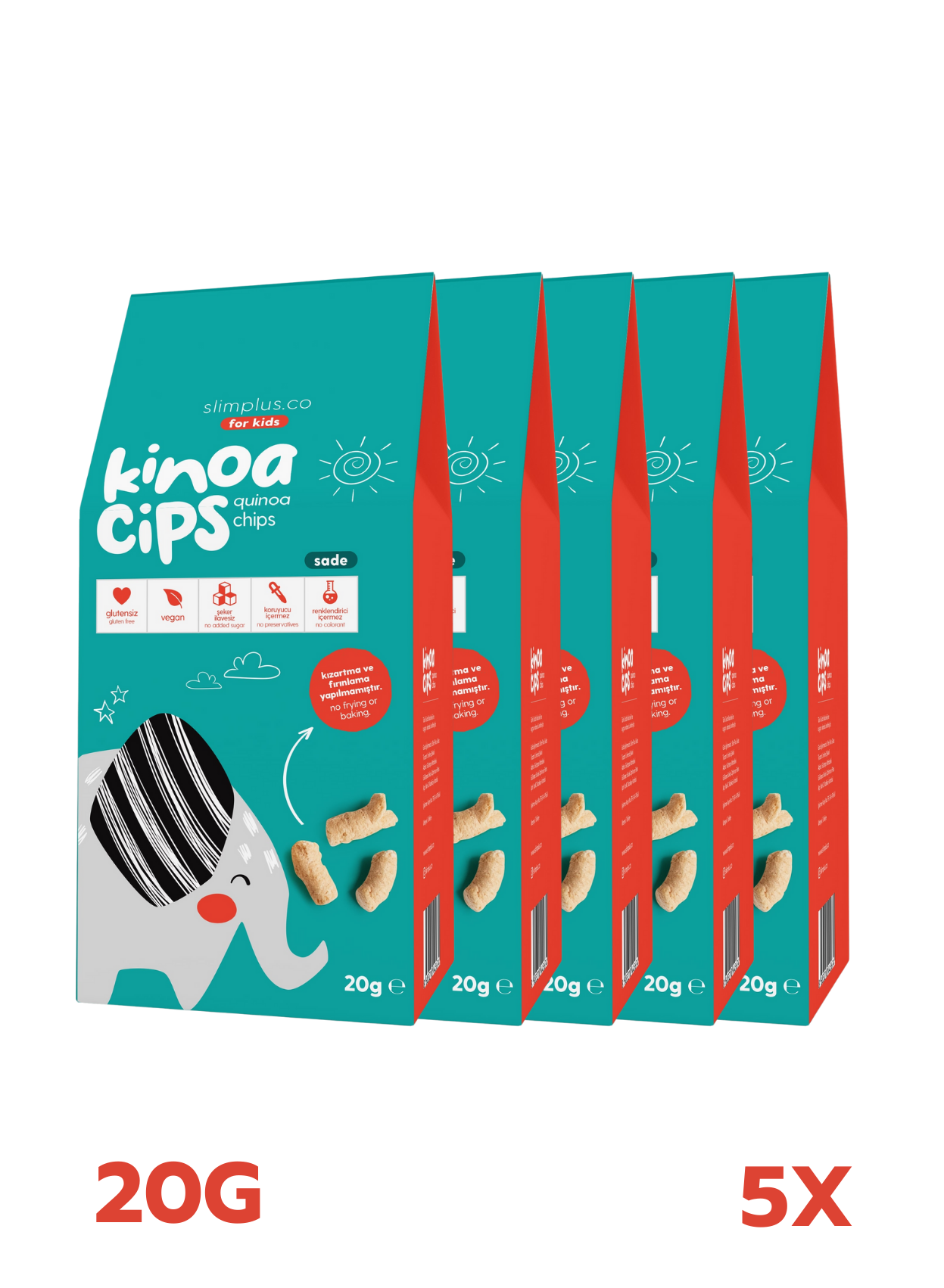5 Paket 20G Sade Kinoa Cipsi for Kids Glutensiz Vegan Yağsız Cips Çocuklara Özel Ambalaj Tatlı Fil