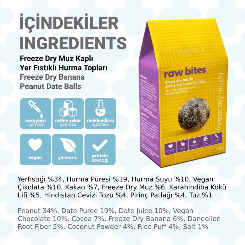2 Paket Freeze Dry Muz Kaplı Glutensiz Vegan Yerfıstıklı Hurma Topları Raw Bites 100G