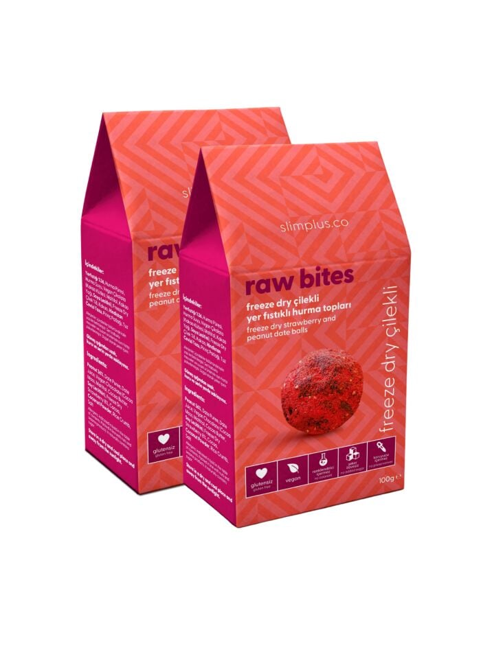 2 Paket Freeze Dry Çilek Kaplı Glutensiz Vegan Yerfıstıklı Hurma Topları Raw Bites 100G