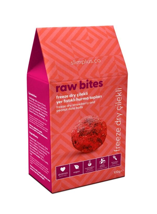 2 Paket Freeze Dry Çilek Kaplı Glutensiz Vegan Yerfıstıklı Hurma Topları Raw Bites 100G