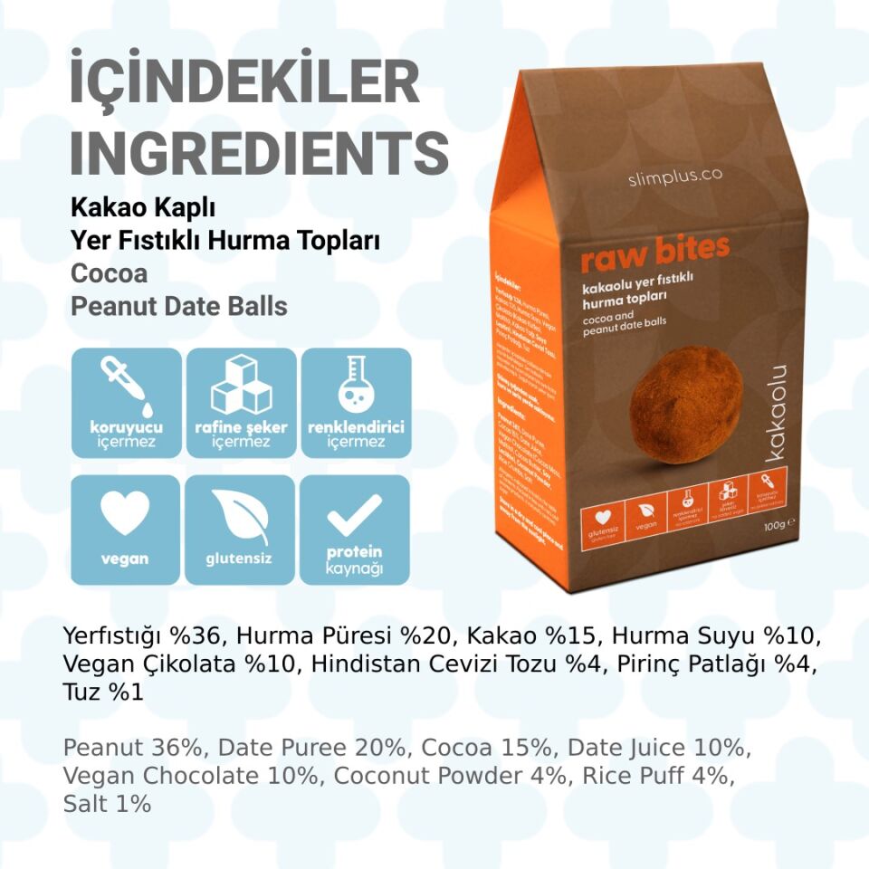 2 Paket Kakao Kaplı Glutensiz Vegan Yerfıstıklı Hurma Topları Raw Bites 100G