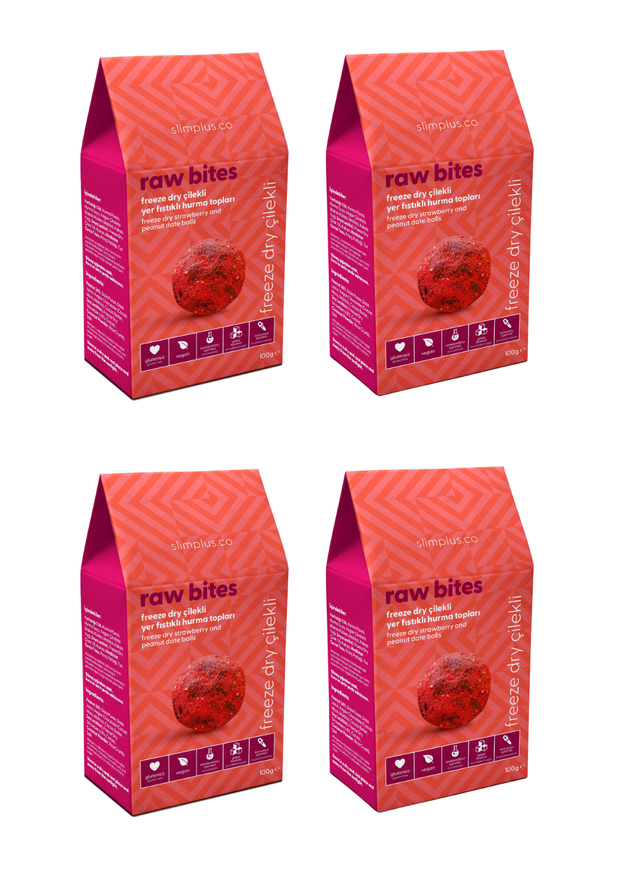4 Paket Freeze Dry Çilek Kaplı Glutensiz Vegan Yerfıstıklı Hurma Topları Raw Bites 100G