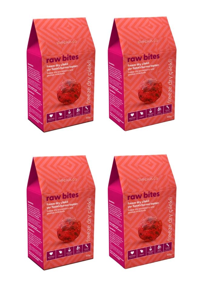 4 Paket Freeze Dry Çilek Kaplı Glutensiz Vegan Yerfıstıklı Hurma Topları Raw Bites 100G