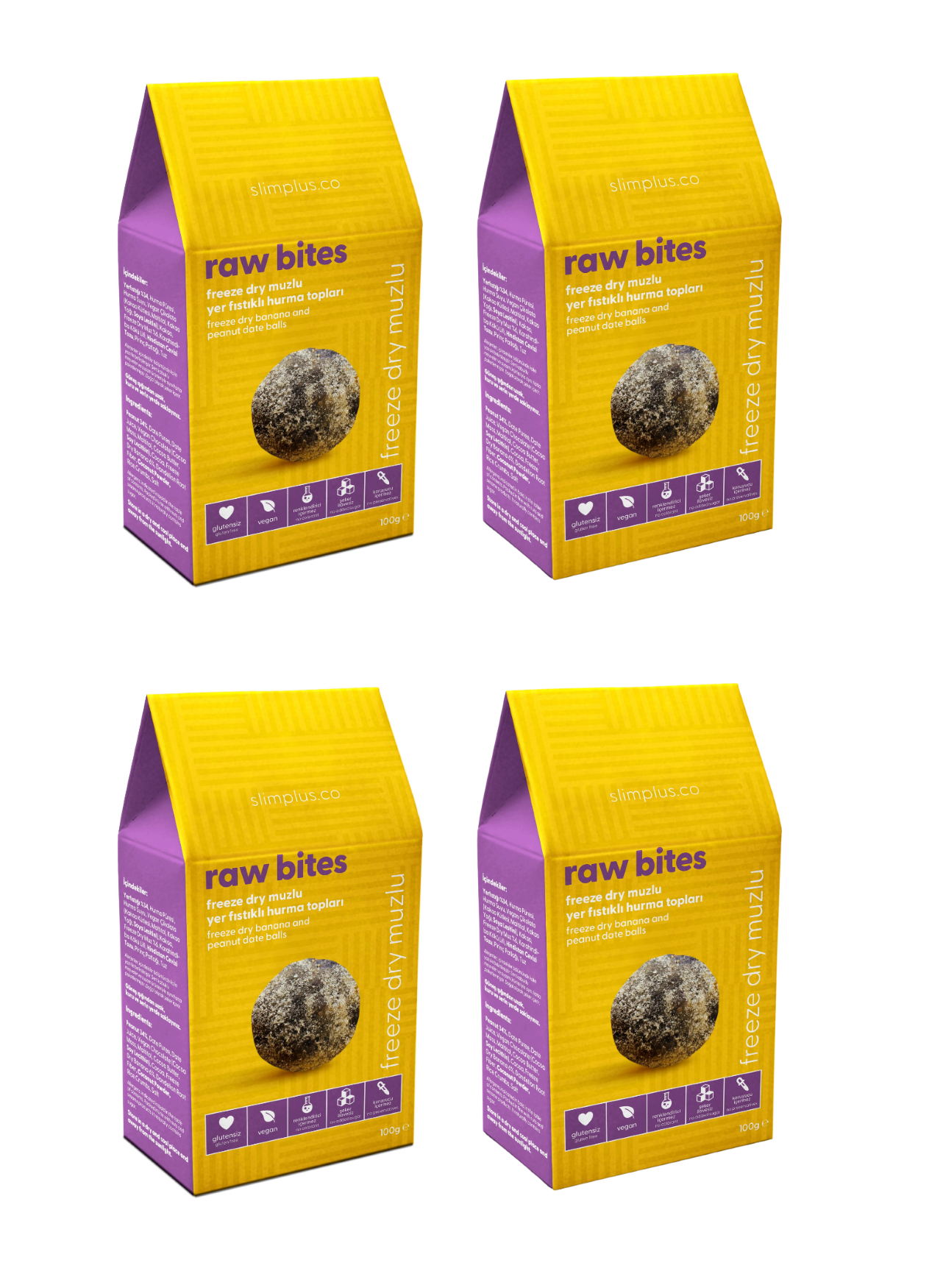 4 Paket Freeze Dry Muz Kaplı Glutensiz Vegan Yerfıstıklı Hurma Topları Raw Bites 100G