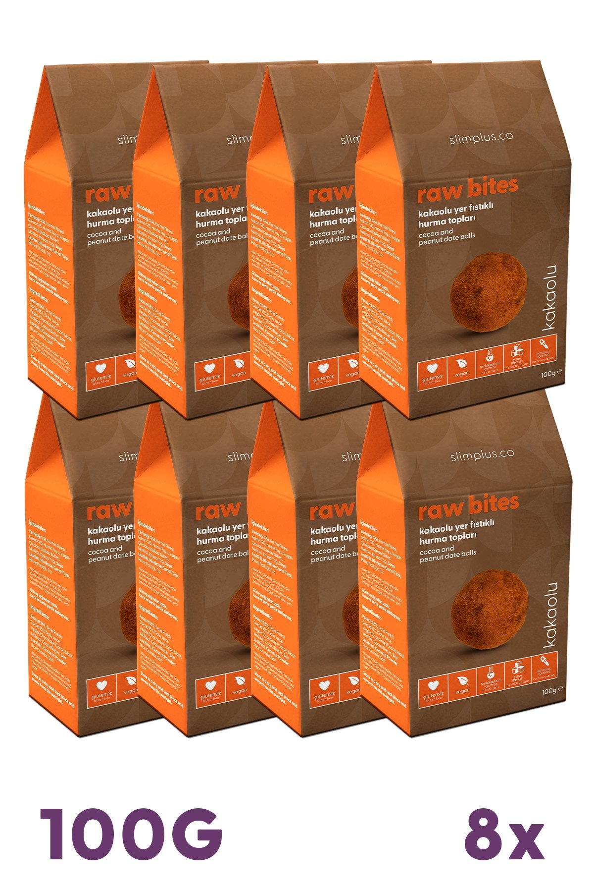 8 Paket Kakao Kaplı Glutensiz Vegan Yerfıstıklı Hurma Topları Raw Bites 100G