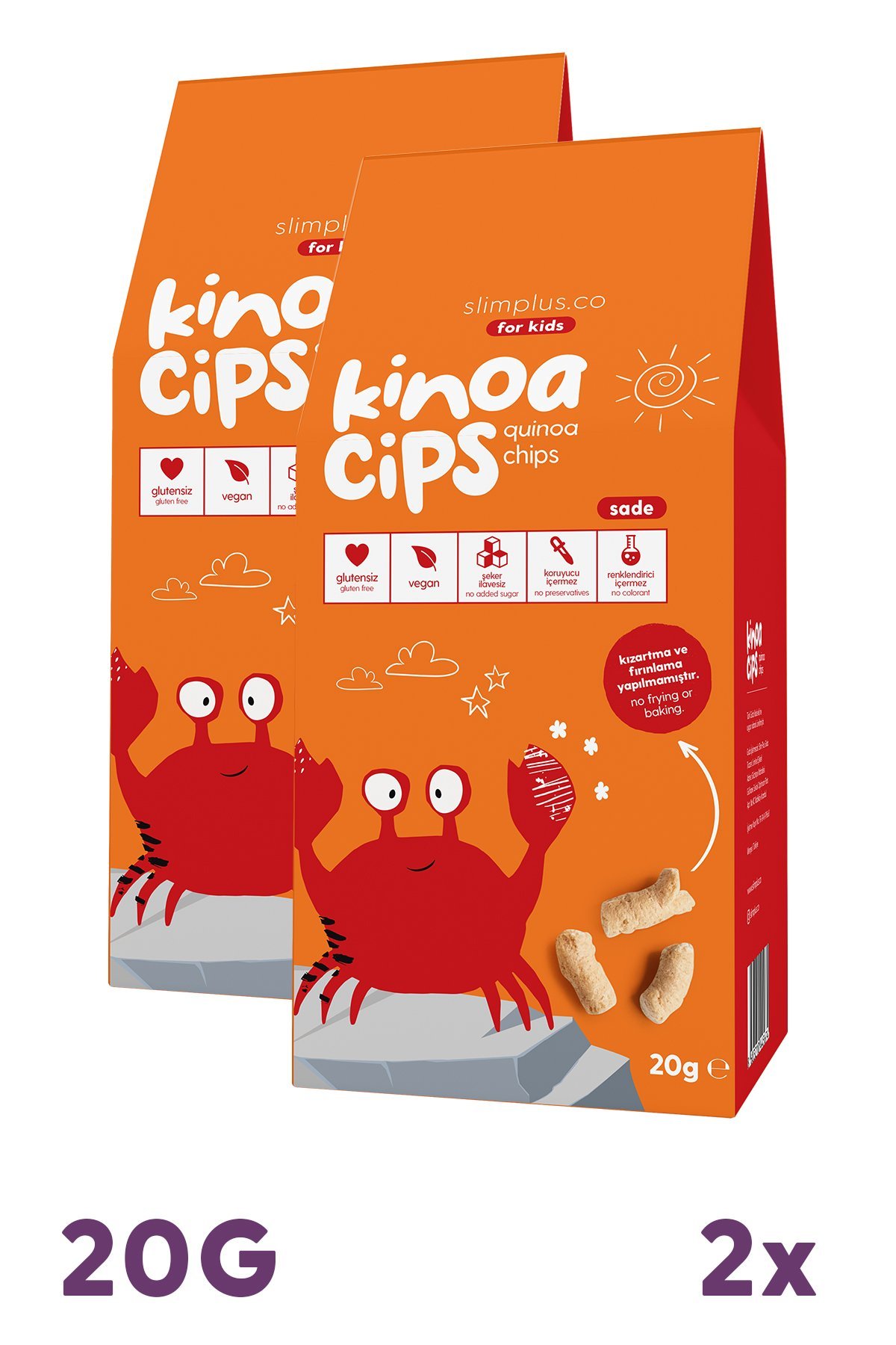 2 Paket 20G Sade Vegan Yağsız Kinoa Cipsi for Kids Glutensiz Çocuklara Özel Ambalaj Neşeli Yengeç