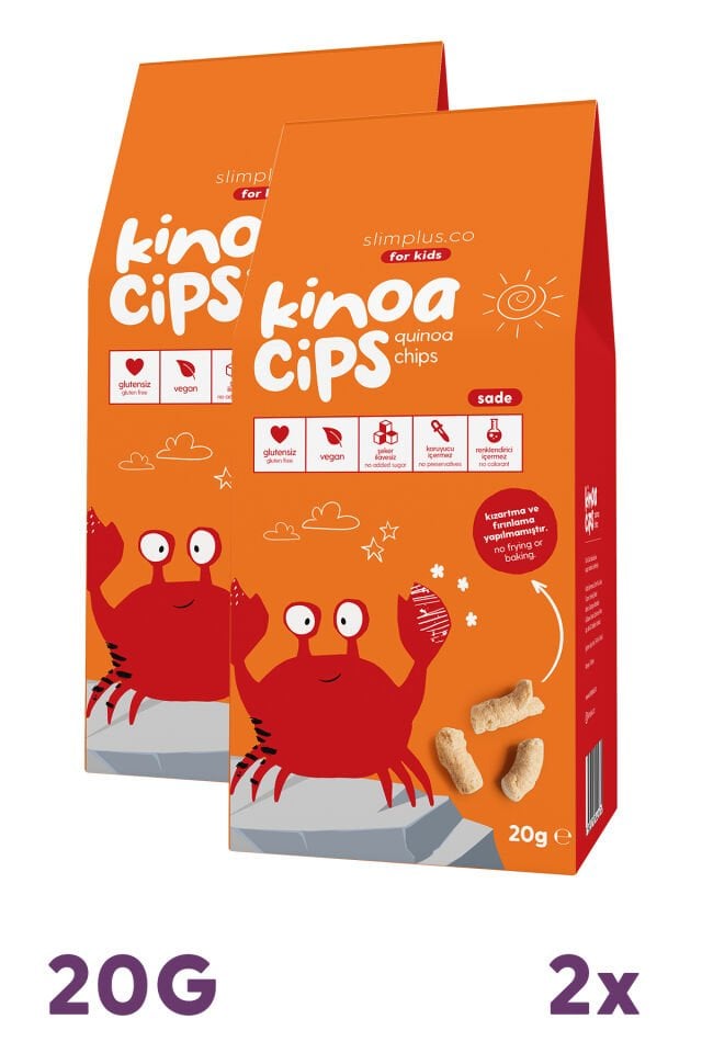 2 Paket 20G Sade Vegan Yağsız Kinoa Cipsi for Kids Glutensiz Çocuklara Özel Ambalaj Neşeli Yengeç
