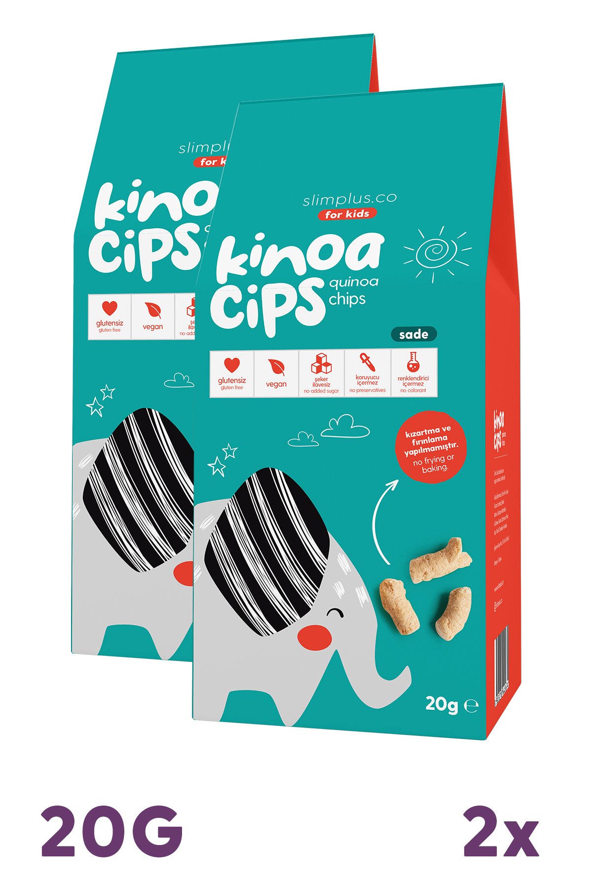 2 Paket 20G Sade Vegan Yağsız Kinoa Cipsi for Kids Glutensiz Çocuklara Özel Ambalaj Tatlı Fil