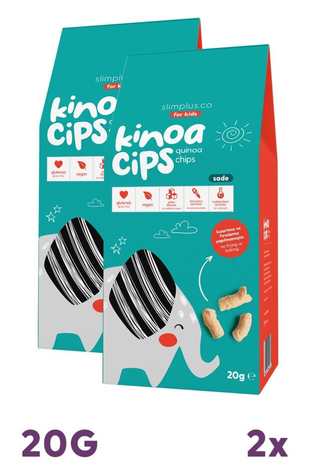2 Paket 20G Sade Vegan Yağsız Kinoa Cipsi for Kids Glutensiz Çocuklara Özel Ambalaj Tatlı Fil