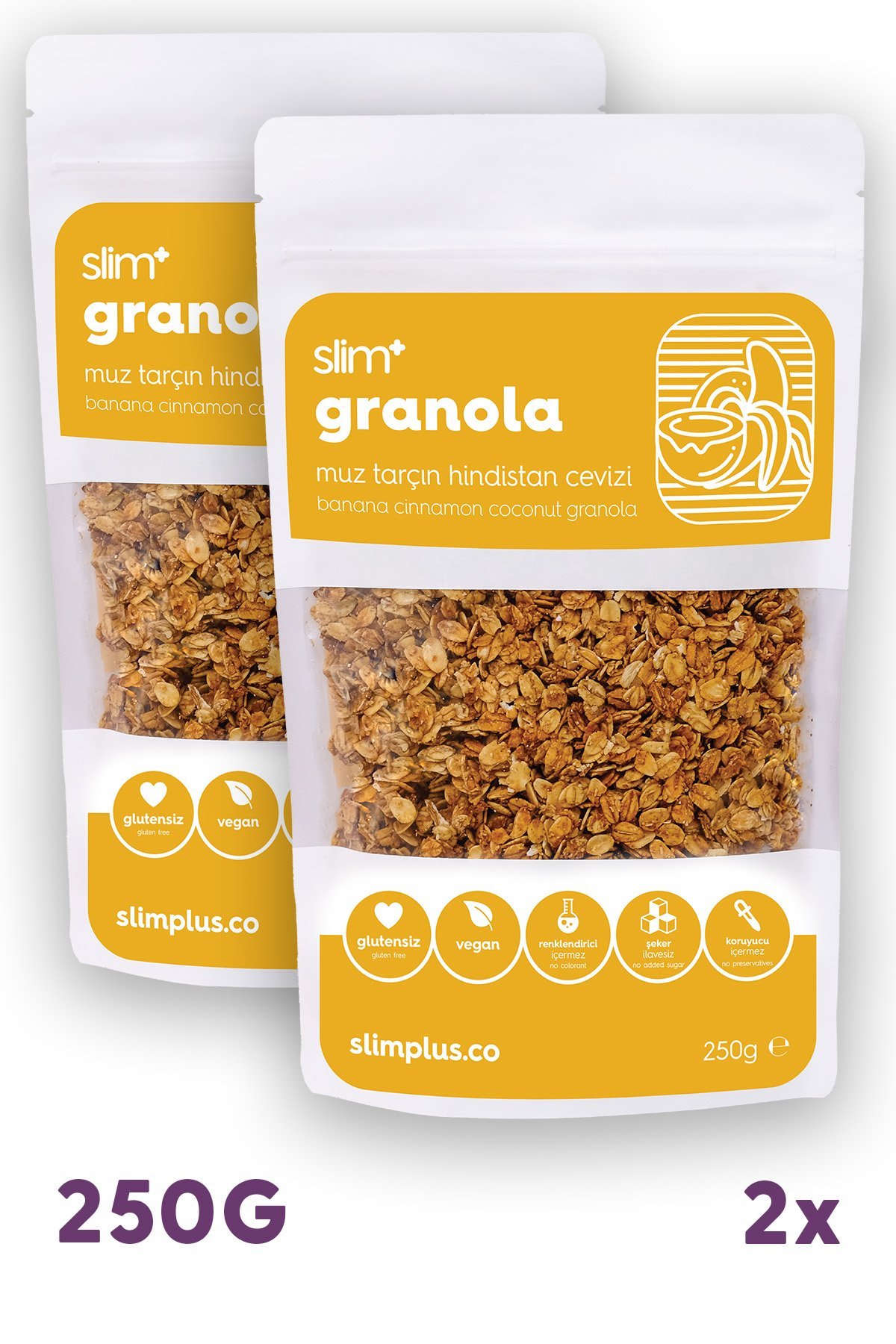 2 Paket Muz Tarçın Hindistan Cevizi Glutensiz İlave Şekersiz Vegan Granola 250gr