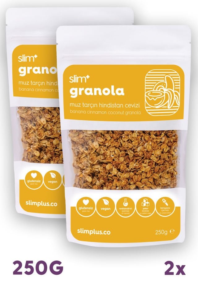 2 Paket Muz Tarçın Hindistan Cevizi Glutensiz İlave Şekersiz Vegan Granola 250gr