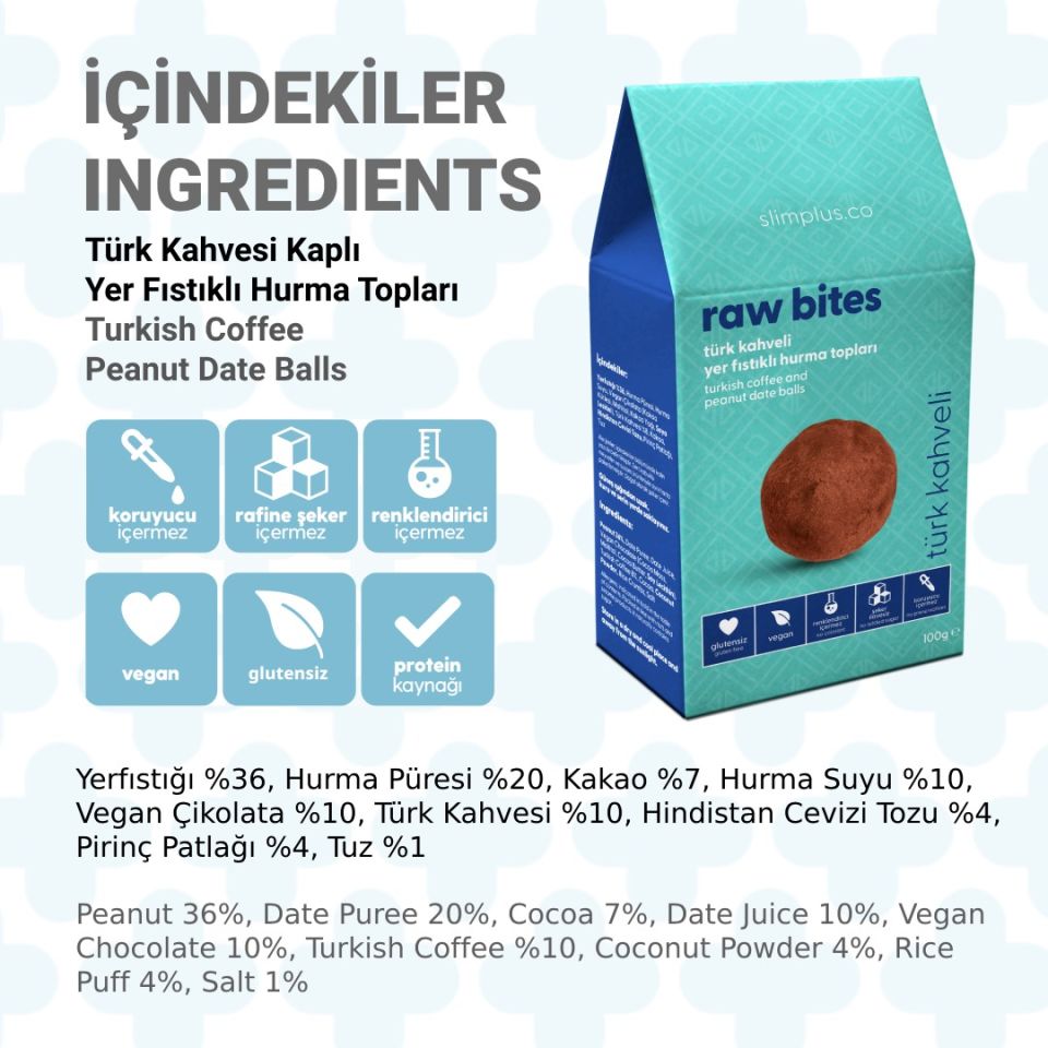 Türk Kahveli Glutensiz Vegan Yerfıstıklı Hurma Topları Raw Bites 100gr