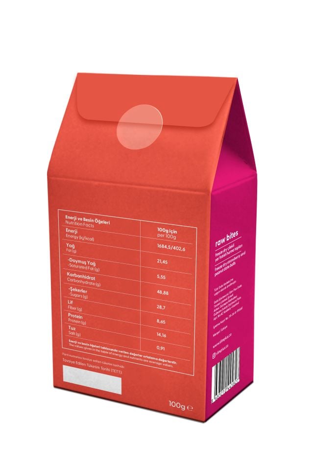 Freeze Dry Çilek Kaplı Glutensiz Vegan Yerfıstıklı Hurma Topları Raw Bites 100gr