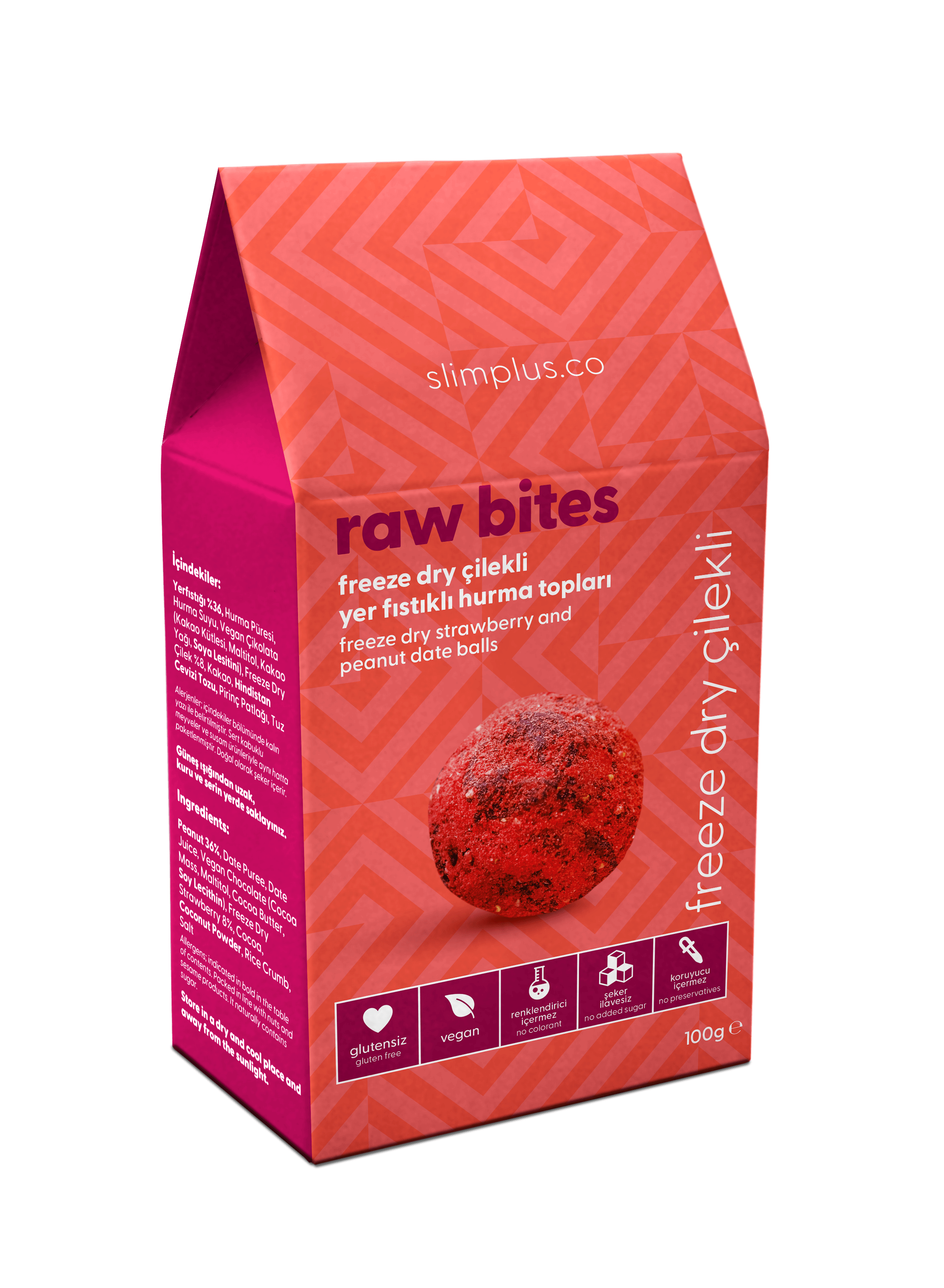 Freeze Dry Çilek Kaplı Glutensiz Vegan Yerfıstıklı Hurma Topları Raw Bites 100gr