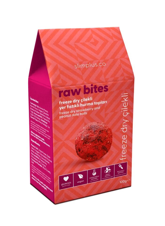 Freeze Dry Çilek Kaplı Glutensiz Vegan Yerfıstıklı Hurma Topları Raw Bites 100gr