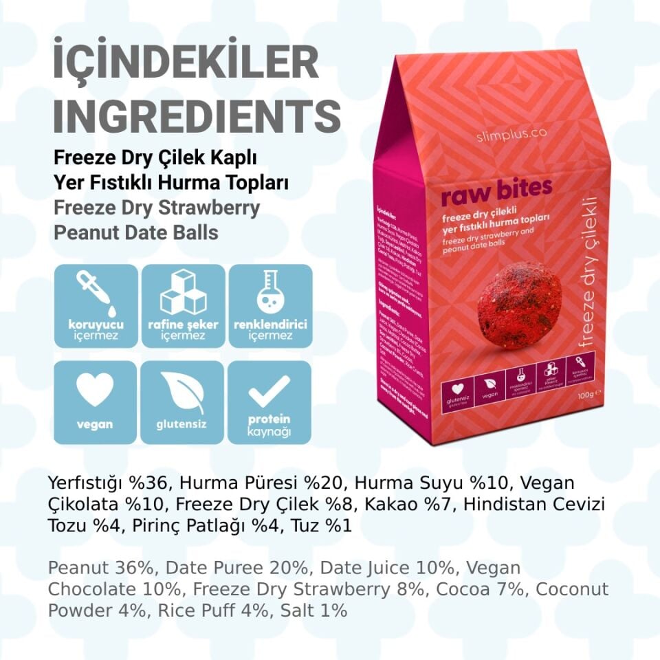 Freeze Dry Çilek Kaplı Glutensiz Vegan Yerfıstıklı Hurma Topları Raw Bites 100gr