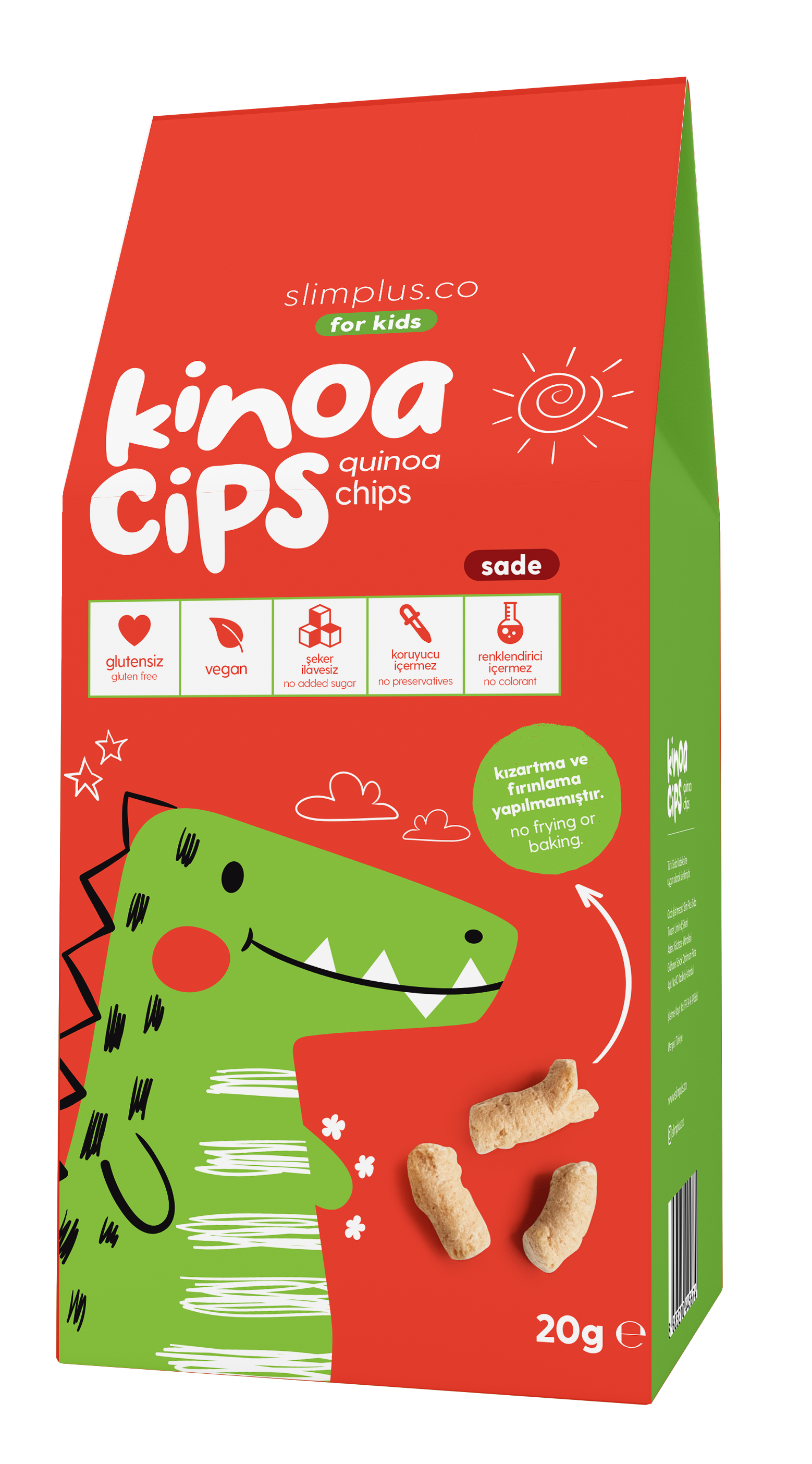 20G Sade Kinoa Cipsi for Kids Glutensiz Vegan Yağsız Cips Çocuklara Özel Ambalaj Sevimli Dinozor