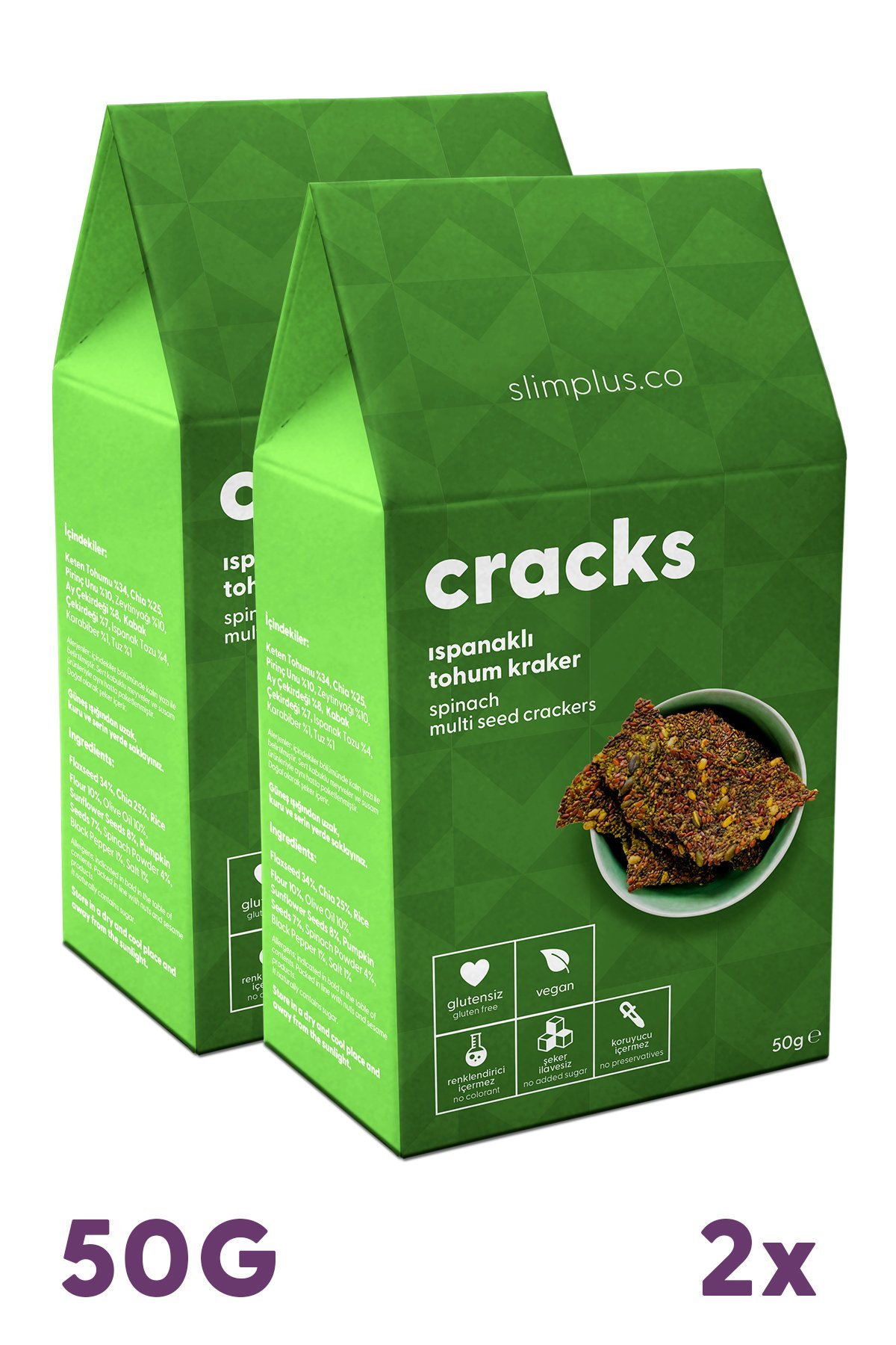 2 Paket Ispanaklı Glutensiz Vegan Tohum Kraker Cracks 50gr