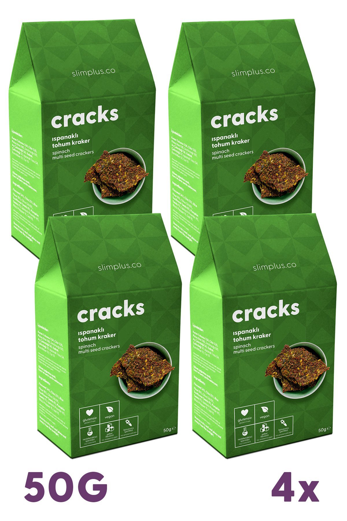 4 Paket Ispanaklı Glutensiz Vegan Tohum Kraker Cracks 50gr