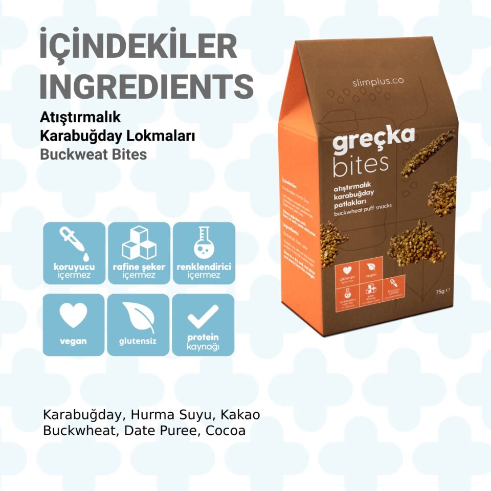 2 Paket Glutensiz Vegan Greçka Bites Atıştırmalık Kakaolu Karabuğday Lokmaları 75G