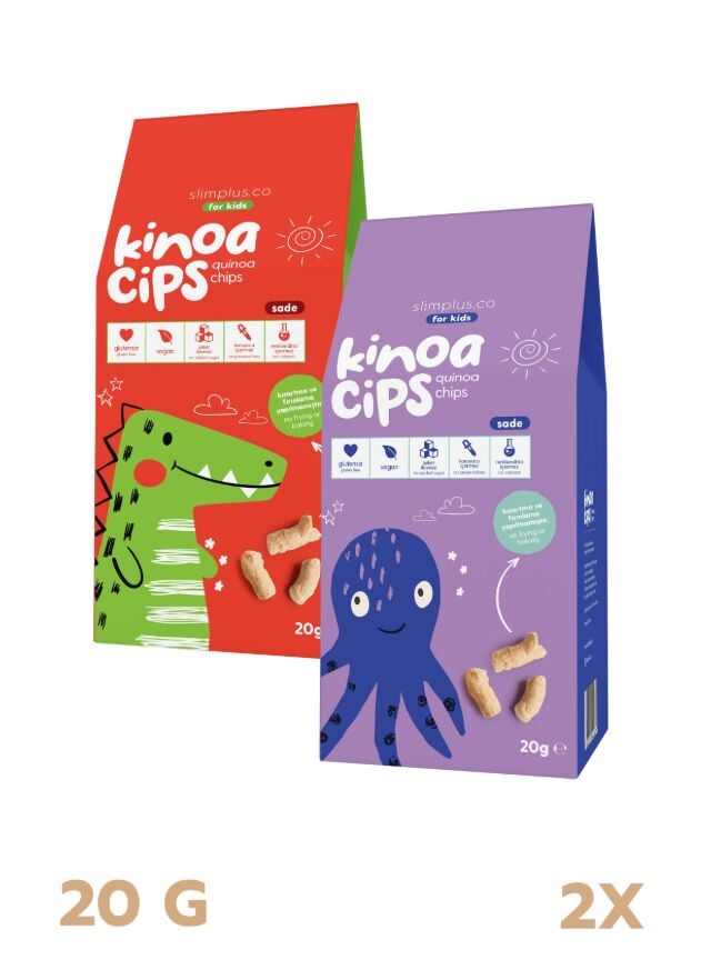 2 Paket 20 GR. Sade Kinoa Cips For Kids Sevimli Dinozor ve Bebek Ahtapot
