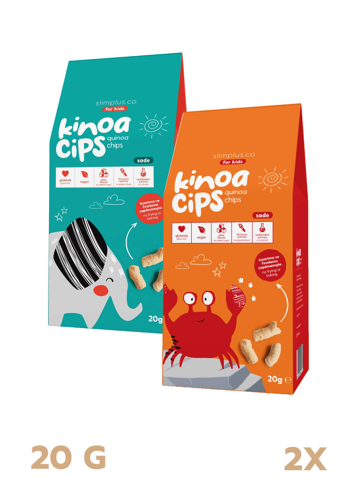 2 Paket 20 GR. Sade Kinoa Cips For Kids Tatlı Fil ve Neşeli Yengeç