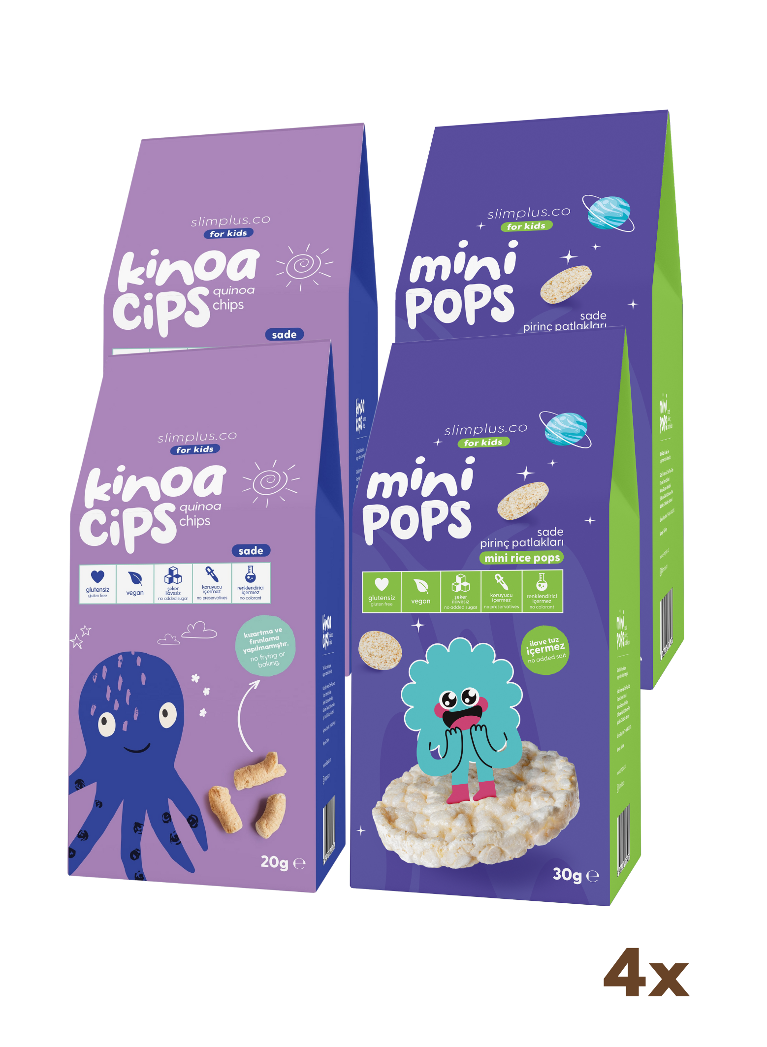 4'lü Paket 20G Sade Kinoa Cipsi for Kids Bebek Ahtapot ve 30G Mini Pops Pirinç Patlakları