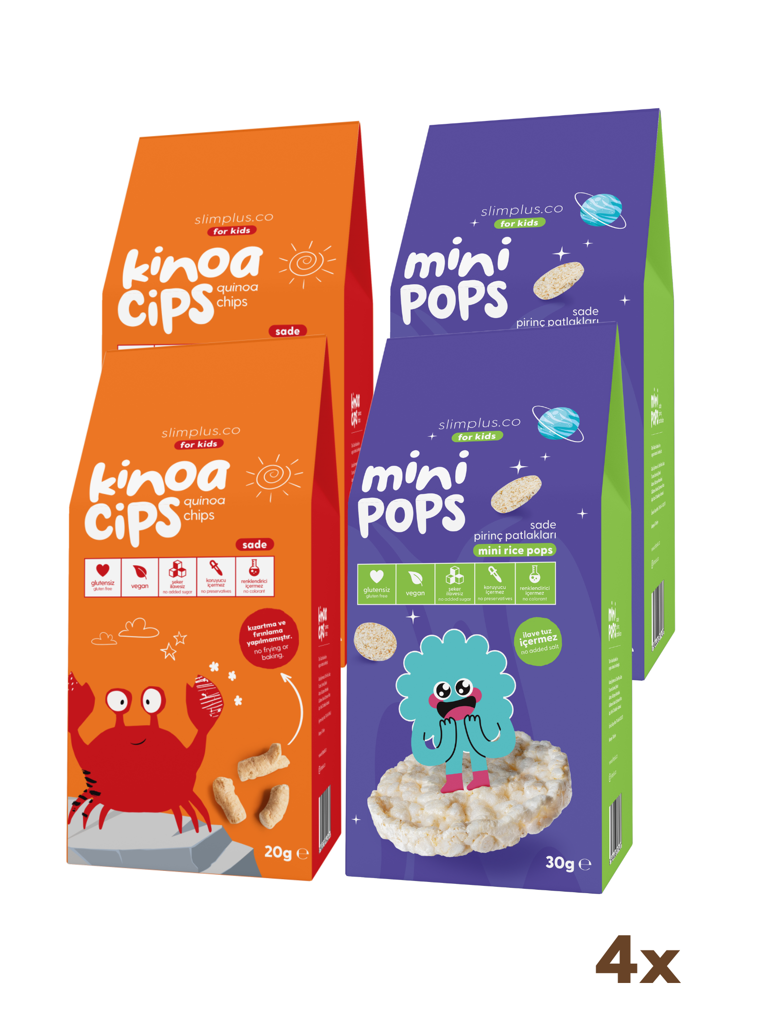 4'lü Paket 20G Sade Kinoa Cipsi for Kids Neşeli Yengeç ve 30G Mini Pops Pirinç Patlakları