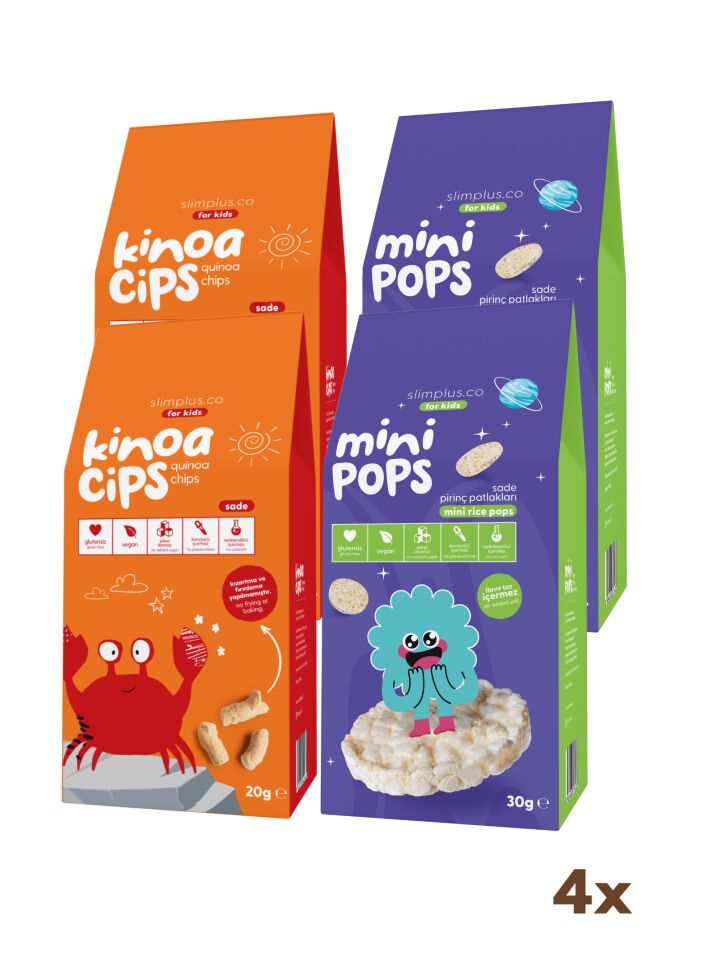 4'lü Paket 20G Sade Kinoa Cipsi for Kids Neşeli Yengeç ve 30G Mini Pops Pirinç Patlakları