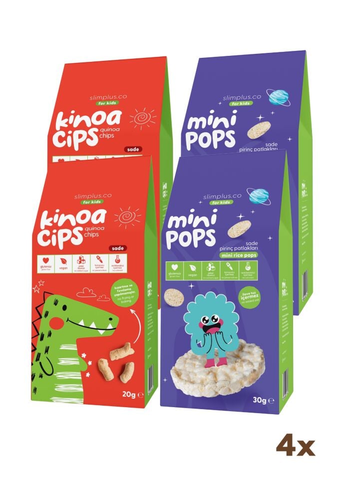4'lü Paket 20G Sade Kinoa Cipsi for Kids Sevimli Dinozor ve 30G Mini Pops Pirinç Patlakları