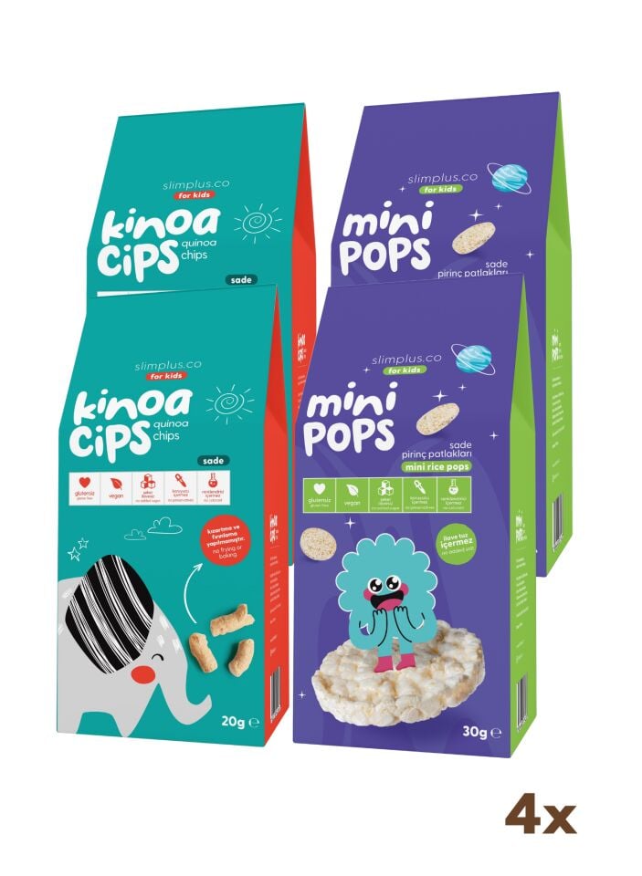 4'lü Paket 20G Sade Kinoa Cipsi for Kids Tatlı Fil ve 30G Mini Pops Pirinç Patlakları