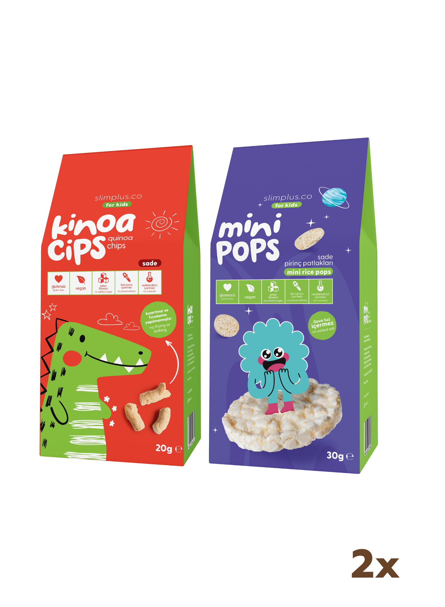 20G Sade Kinoa Cipsi for Kids Sevimli Dinozor ve 30G Mini Pops Pirinç Patlakları