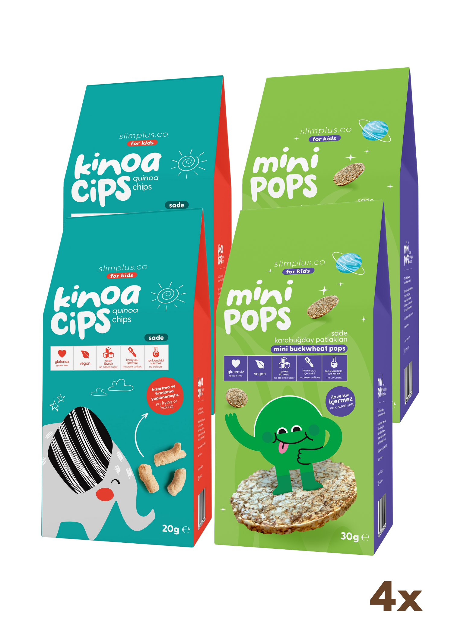 4 Paket 20G Sade Kinoa Cipsi for Kids Tatlı Fil ve 30G Mini Pops Karabuğday Patlakları