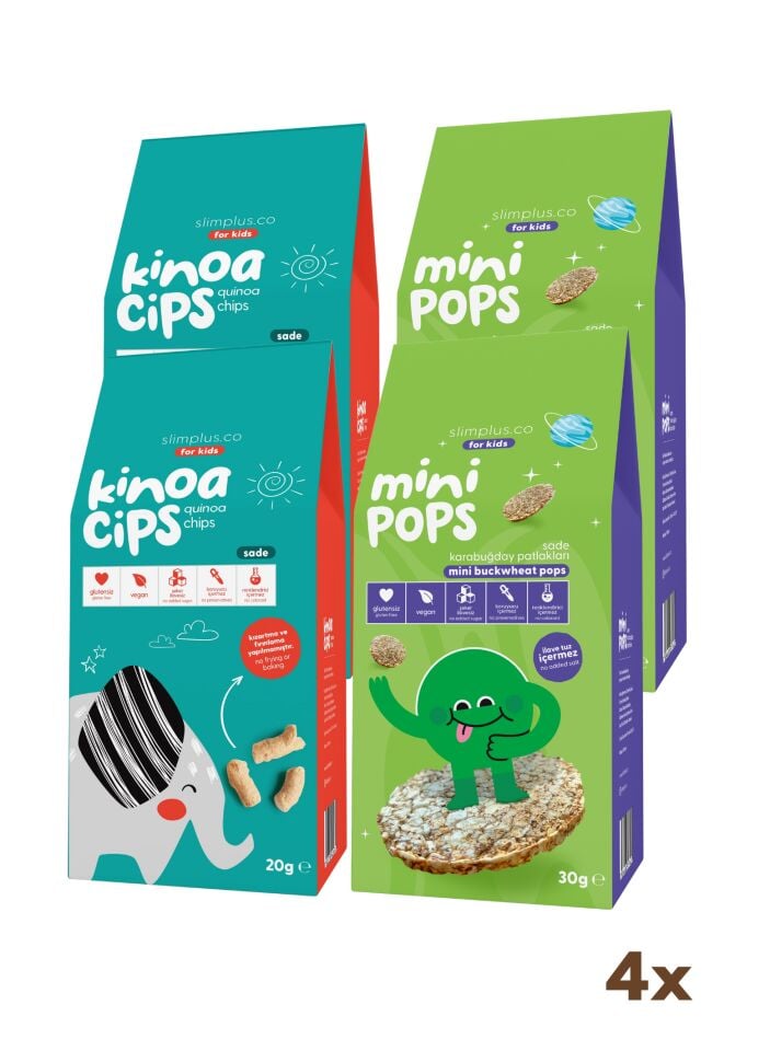 4 Paket 20G Sade Kinoa Cipsi for Kids Tatlı Fil ve 30G Mini Pops Karabuğday Patlakları