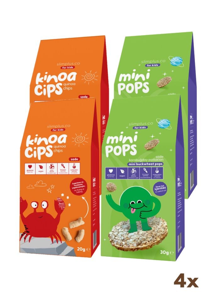 4 Paket 20G Sade Kinoa Cipsi for Kids Neşeli Yengeç ve 30G Mini Pops Karabuğday Patlakları