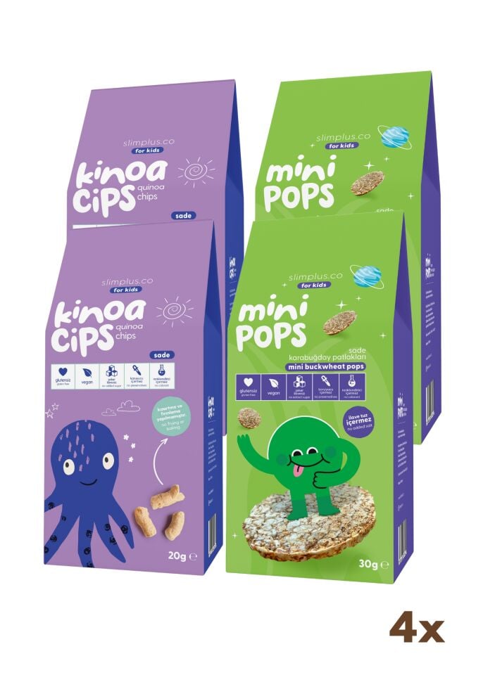 4 Paket 20G Sade Kinoa Cipsi for Kids Bebek Ahtapot ve 30G Mini Pops Karabuğday Patlakları