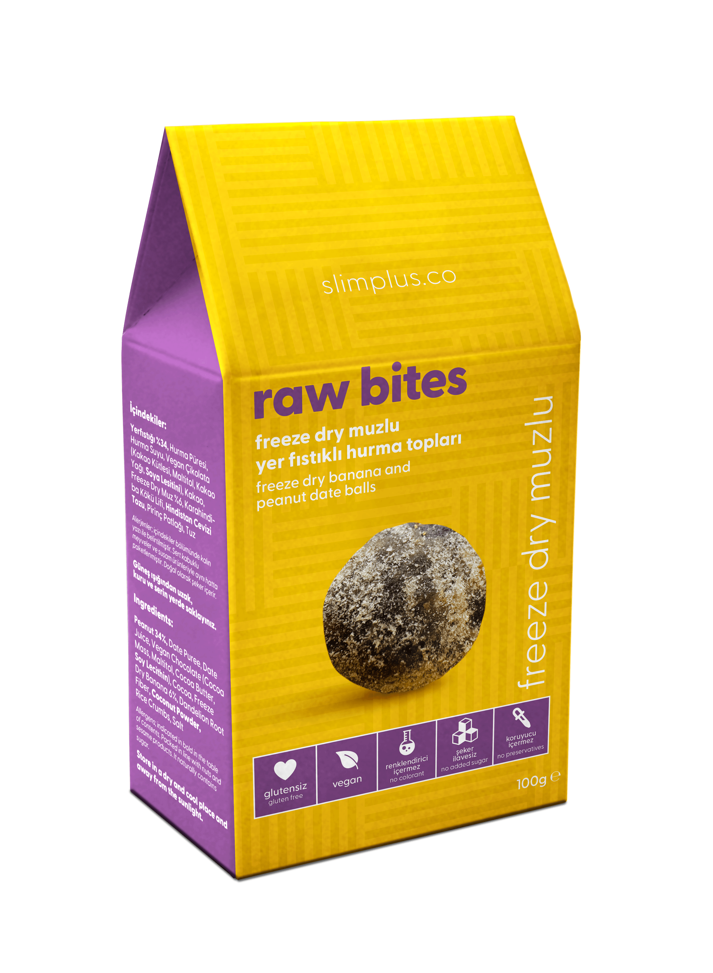 Freeze Dry Muz Kaplı Glutensiz Vegan Yerfıstıklı Hurma Topları Raw Bites 100gr