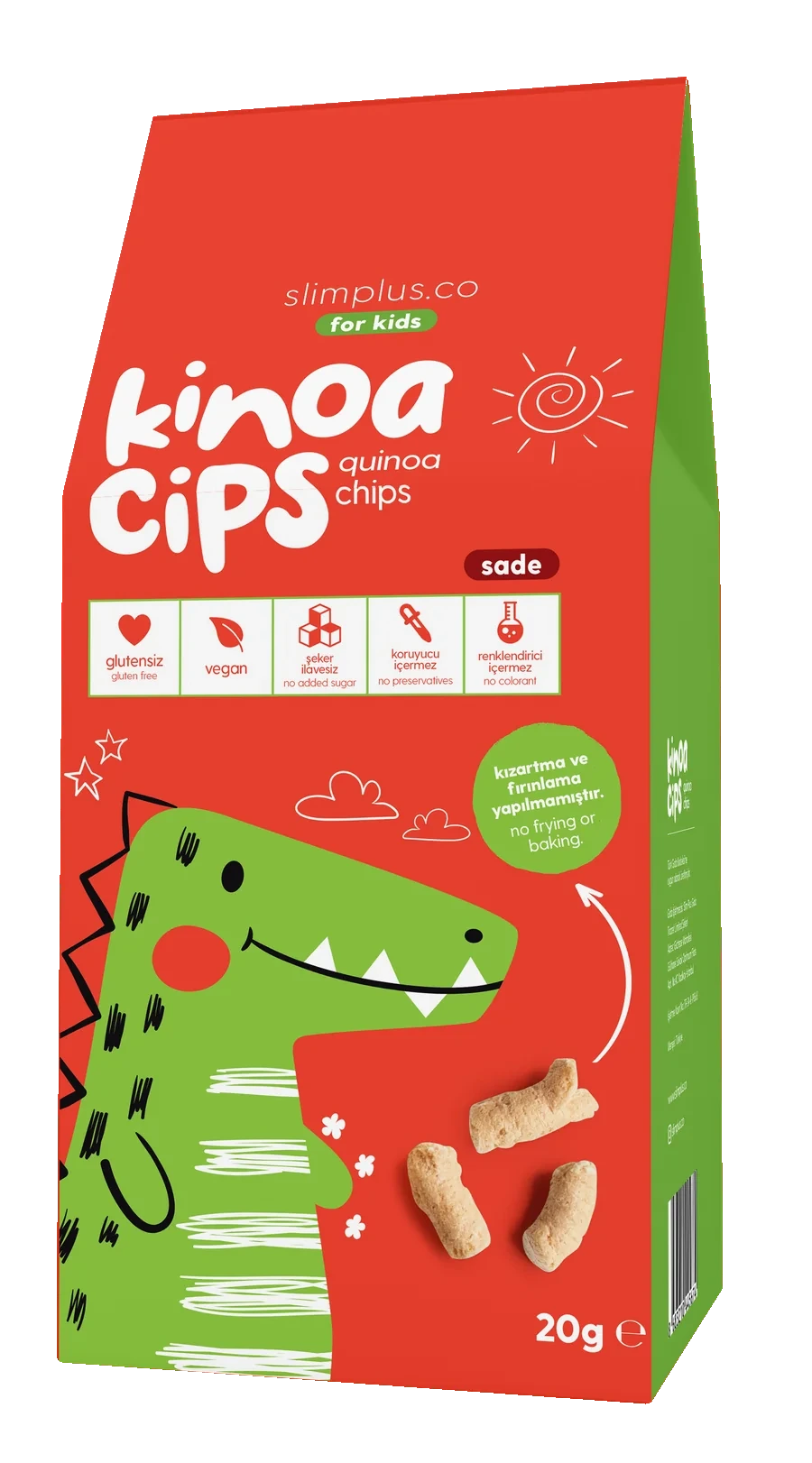 Kinoa Cips Sevimli Dinozor ambalajı