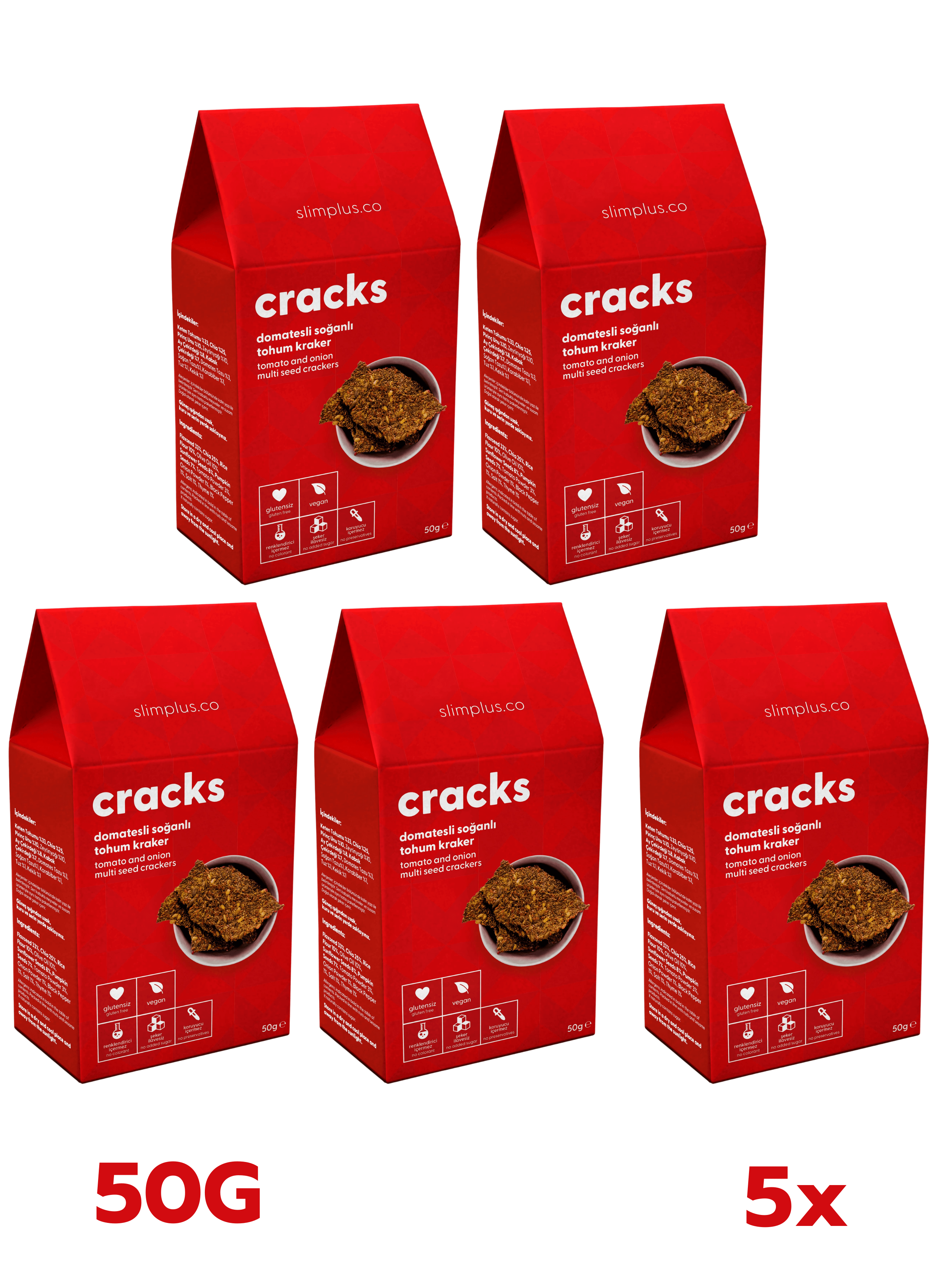 Tohum Kraker Domates Soğanlı Cracks – Glutensiz Vegan Katkısız (5 x 50G)
