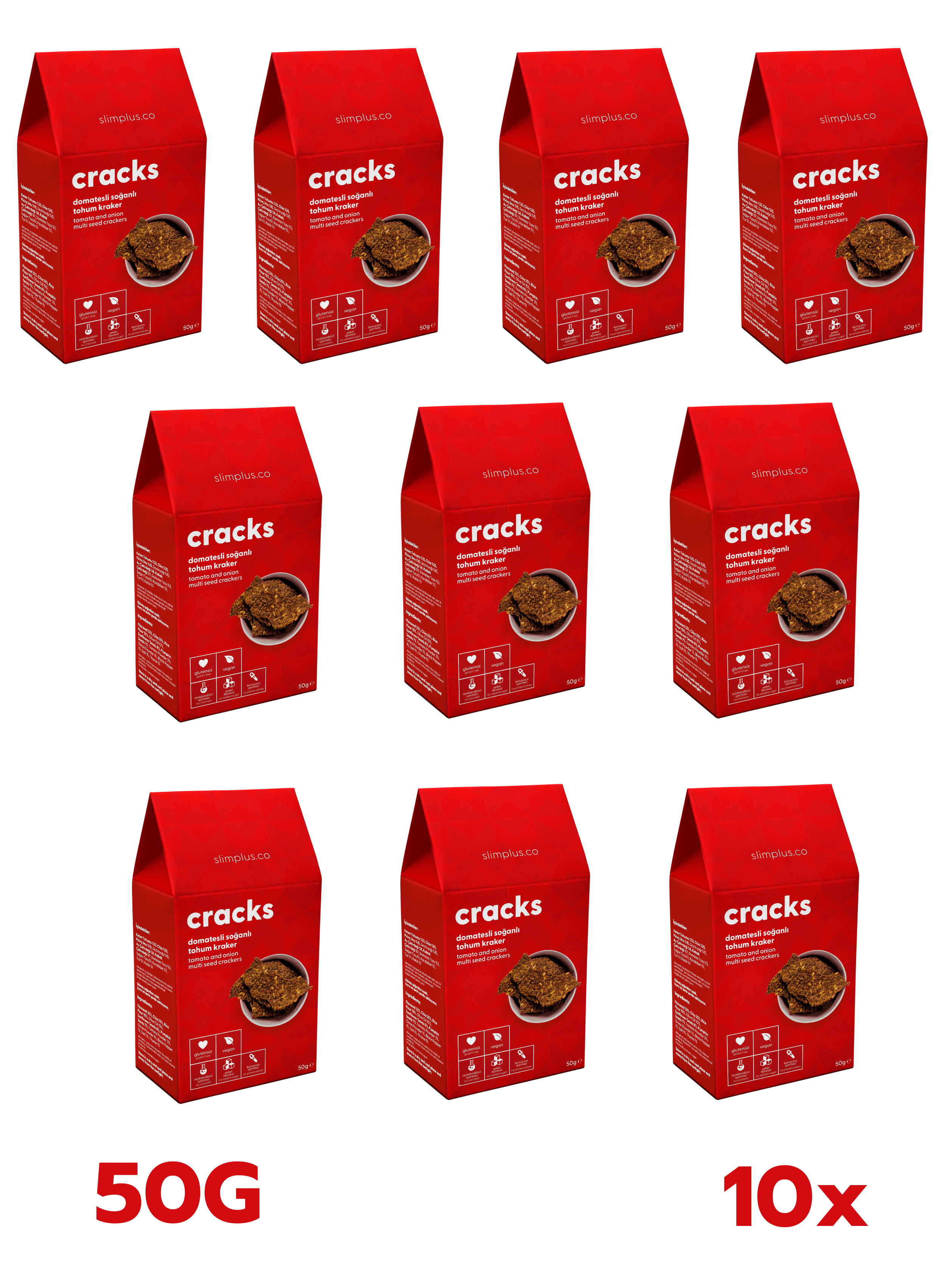 Tohum Kraker Domates Soğanlı Cracks – Glutensiz Vegan Katkısız (10 x 50G)