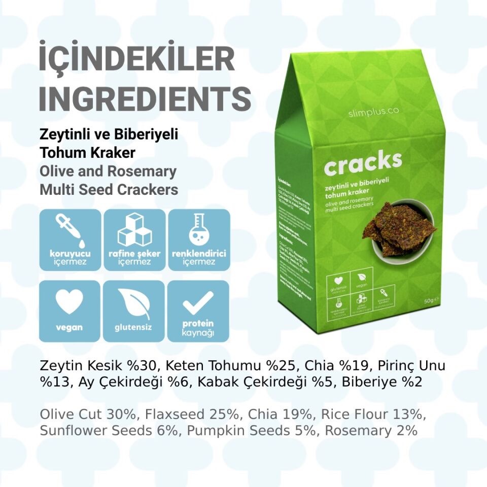 Tohum Kraker Zeytin Biberiyeli Cracks – Glutensiz Vegan Katkısız (10 x 50G)