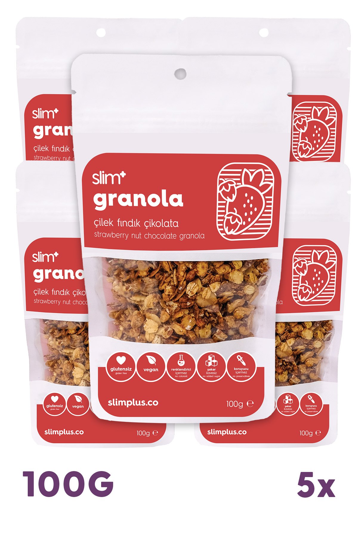 Granola Çikolata Çilek Fındık – Glutensiz Vegan Şekeri Meyveden Katkısız (5 x 100G)